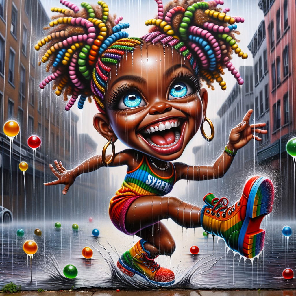 Caricature girl exaggerated features hyperrealism African American dressed in rainbow urban gear and rain rainbow boots skipping and playing in the rain blue siren eyes, rainbow curly ponytails inner city landscape pouring rain jolly ranchers falling,fluxus art contrast colors