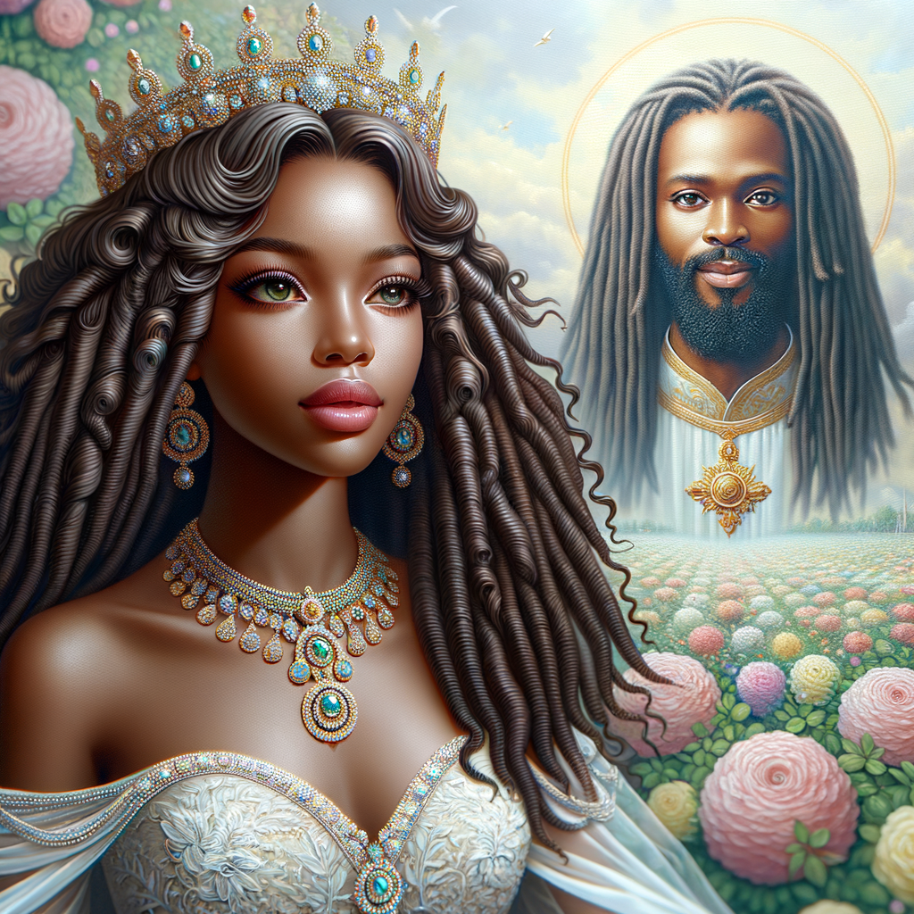 Create a 3-D realistic oil, painting of a beautiful African-American bride. She has long flooring, wavy hair and her gown has beautiful jewels around the neckline. in the background there is a beautiful African-American Jesus Christ with long dreadlocks, and he is smiling. He is very handsome pastel flowers throughout the image.