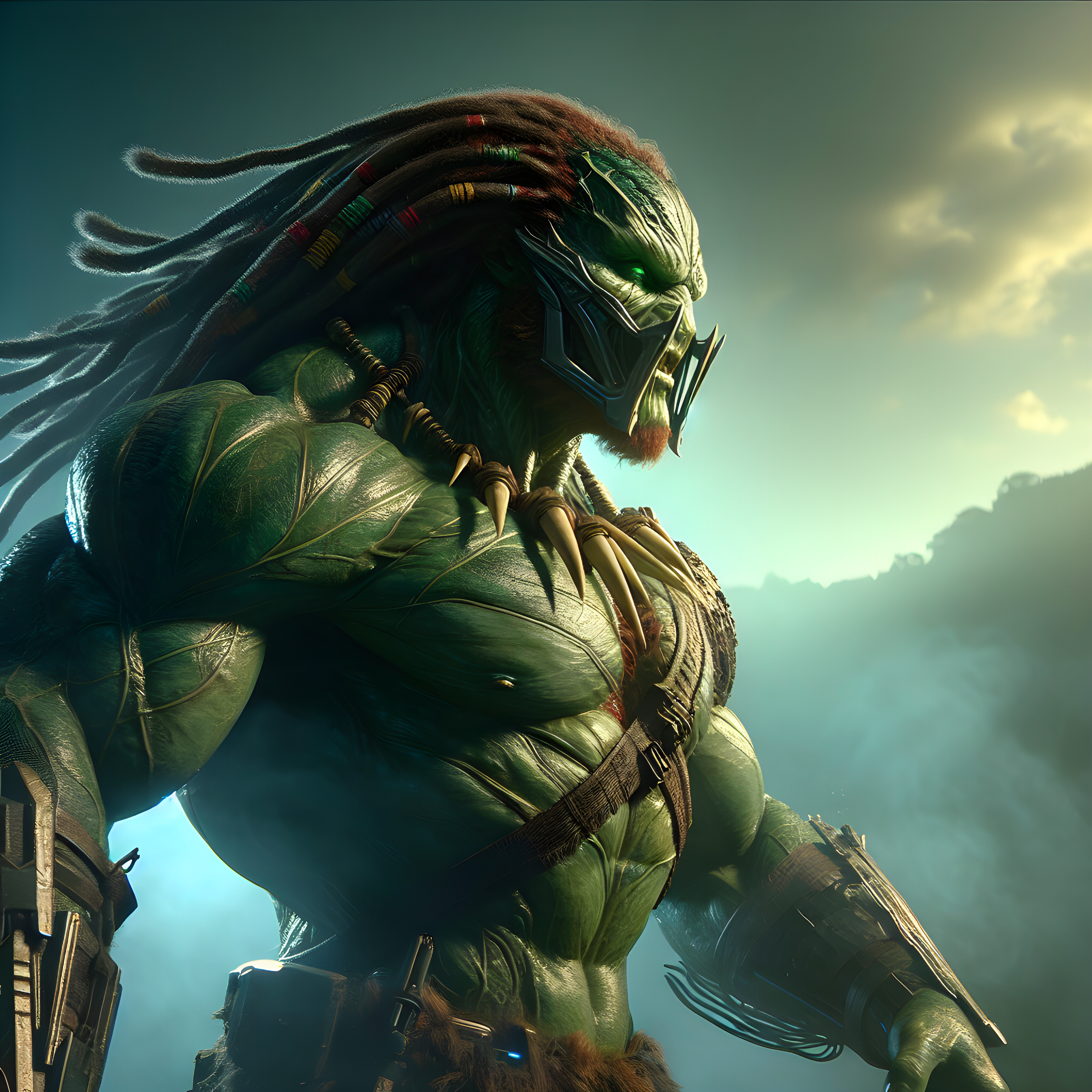 Hulk in the style of Yautja's (Hunter Predator),ultra-detailed, ultra-realistic, masterpiece, HDR, 8K resolution