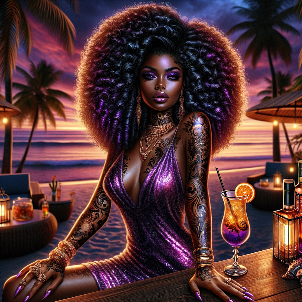 A detailed digital airbrushed painting of a glamorous, confident Afro Latina woman with deep purple, voluminous long curly hair sits at a tropical beachside bar at sunset. She wears a shimmering, form-fitting purple dress with gold accents, intricate jewelry, & has elaborate tattoos on her arms. Holding an elegant cocktail garnished with an orange slice, she gazes with allure & mystery. Scene is illuminated by warm, ambient lighting, with a bottle of exotic liquor & colorful drinks surrounding her. Background is palm trees, ocean waves, & a relaxed, upscale nightlife atmosphere.