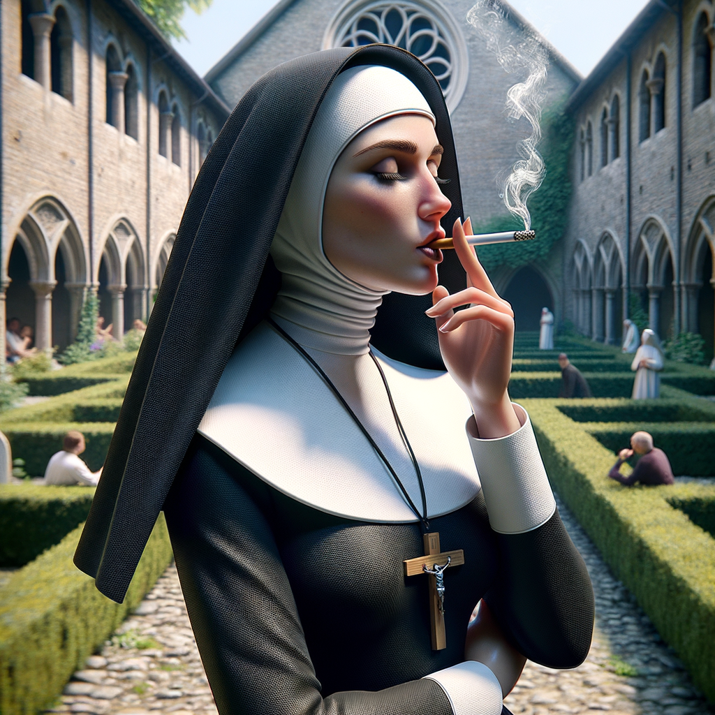 A nun smoking a cigarette