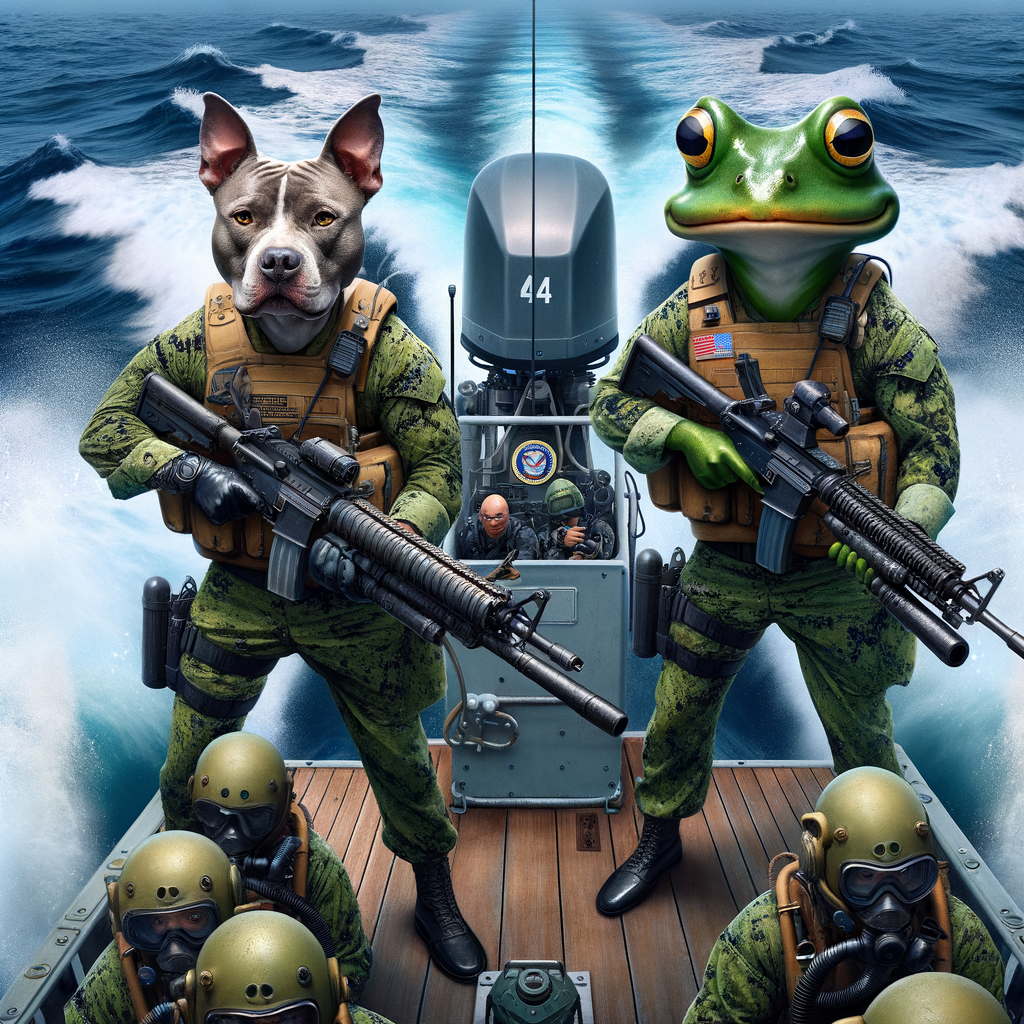 There are two US Navy sailors in battle gear, the navy sailors are a pitbull and Pepe, they are standing in two different directions. They are shooting 50 caliber, machine guns. They are in their Navy seal boat. The boat is making waves. There are also divers on the boat getting ready to dive in the water .