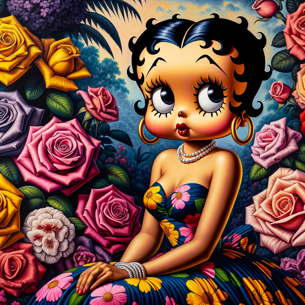 An illustrated  African-American, Betty Boop with exaggerated features reminiscent of vintage pin-up art. The character has large, expressive eyes, short wavy black hair, and is wearing a colorful, floral-print dress with a deep blue background and tropical flowers in vivid colors like yellow, pink, and red. She's seated with one hand resting gently beside her, wearing a pearl necklace and gold hoop earrings. The background is filled with lush roses in shades of pink and red.