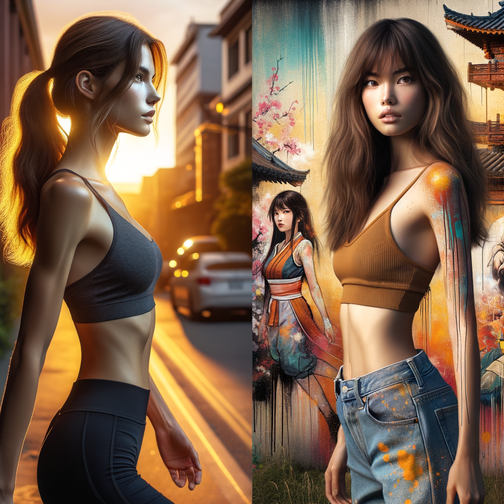 Athletic Thin skinny Attractive, Asian teenage girl, long brown hair and bangs, wearing tight skinny jeans and a halter top paint marks on her clothing, heroic pose Asian graffiti background, side view