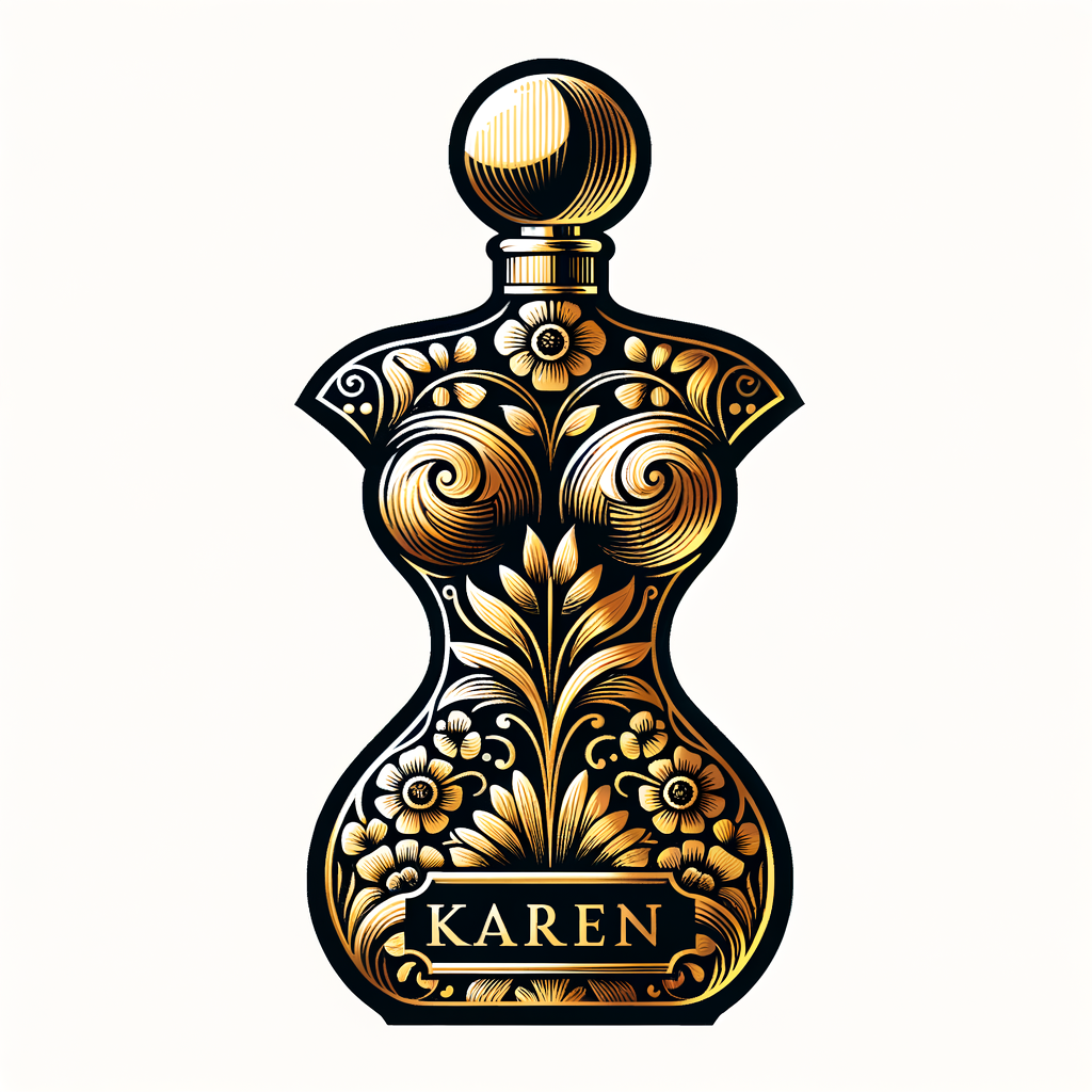 Design, a black and gold perfume bottle in the shape of a woman’s body with flowers and the name Karen