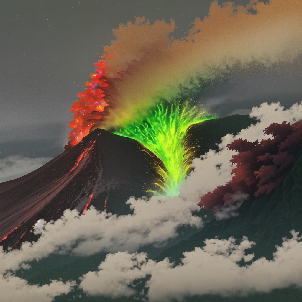 A red wyvern creating the ridge of a volcano. The volcano is spewing green lava and the wyvern is spitting green flames. The sky is brown and gray with smoke and ash, though green light is shining through.