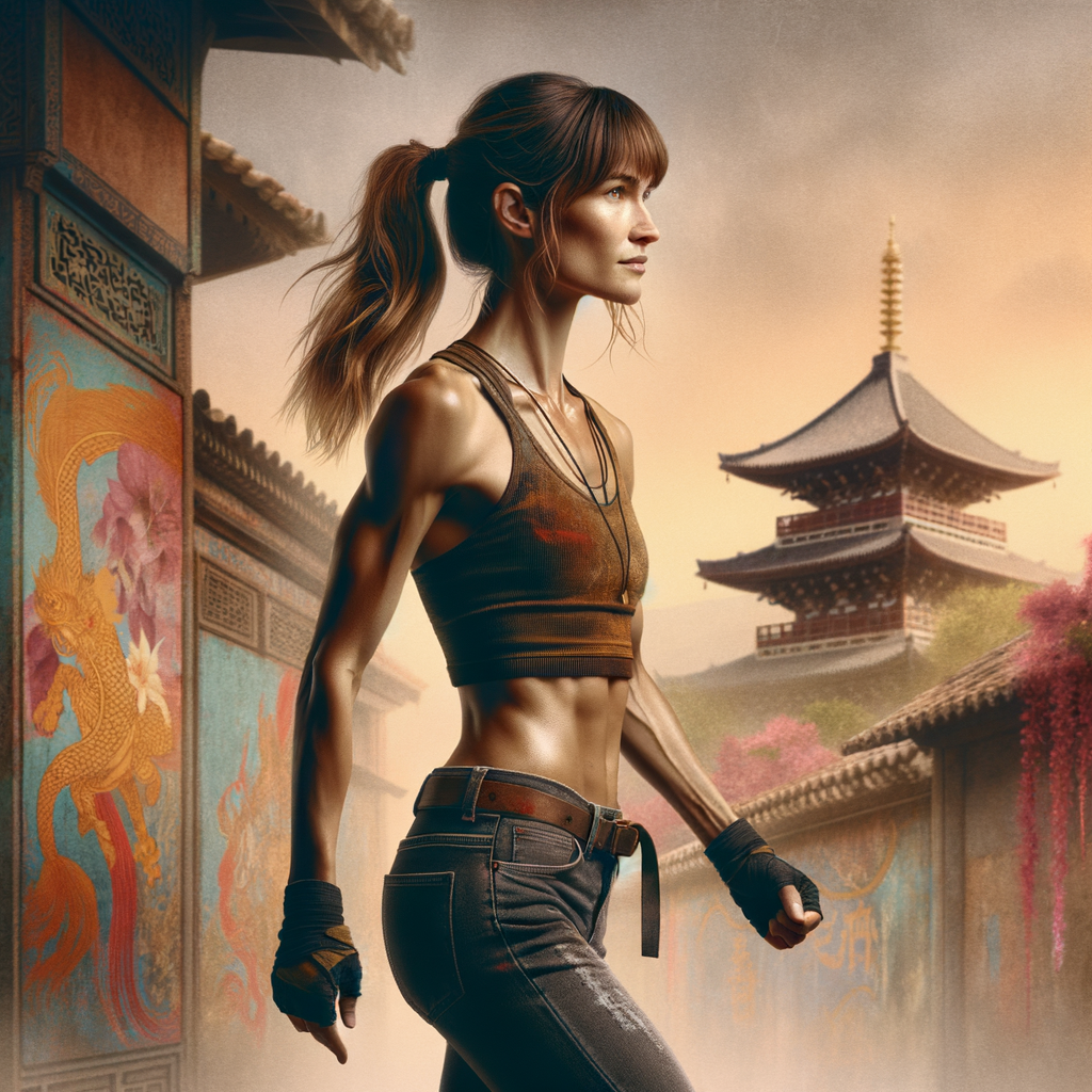 Athletic Thin skinny Attractive, Asian teenage girl, long brown hair and bangs, wearing tight skinny jeans and a halter top paint marks on her clothing, heroic pose Asian graffiti background, side view