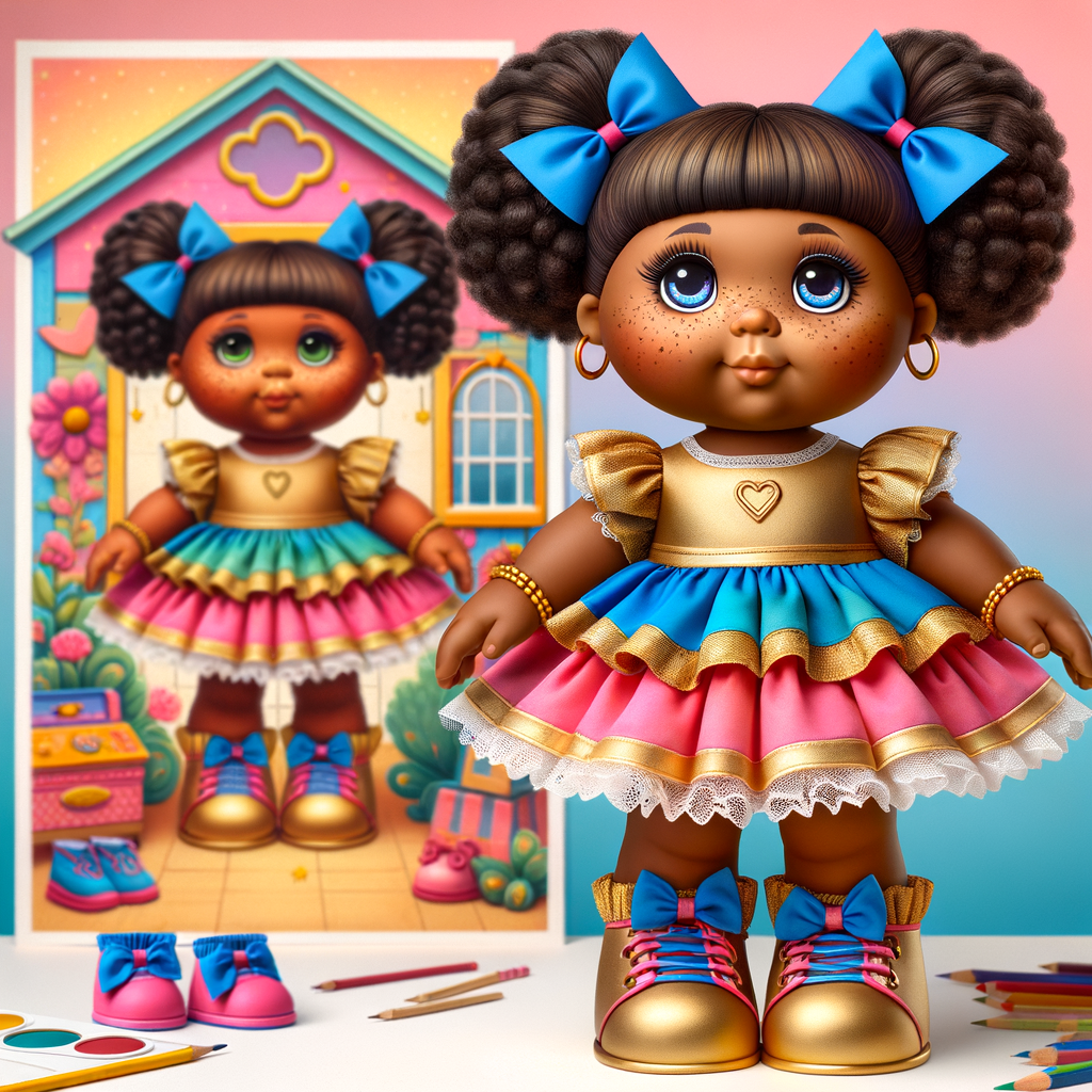 Design a 3-D realistic original African-American Cabbage Patch doll. She has on a blue pink and gold dress with matching booties. She has pink and blue bows in her hair. she lives inside of a colorful dollhouse. She has freckles and big dimples.