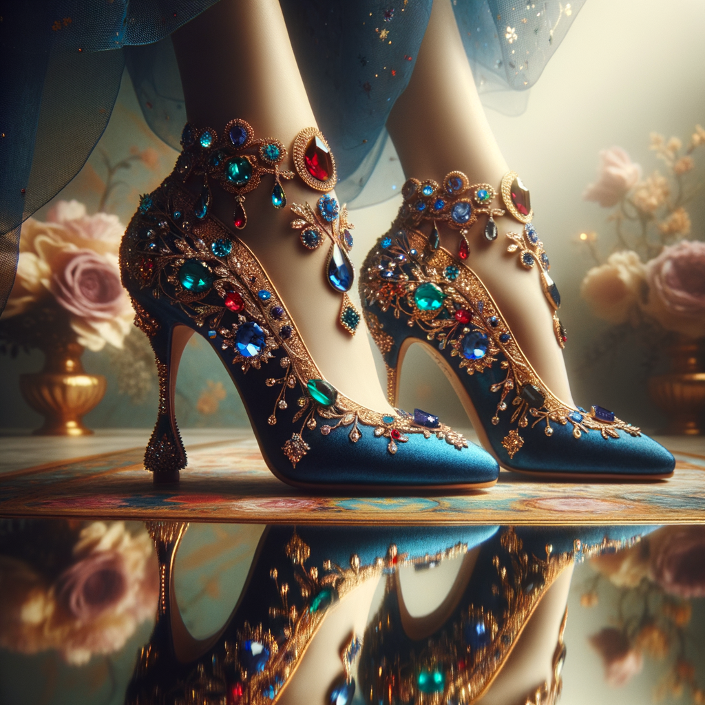 Imagine a pair of enchanting shoes, each a mirror image of the other, placed gracefully upon a regal surface. They are bathed in the soft, diffuse light that casts gentle reflections upon their silk fabric. These shoes are no ordinary footwear; they are a masterpiece of vibrant royal blue, adorned with ornate golden filigree and a multitude of glittering jewels in various hues—rubies, sapphires, emeralds, and delicate pink diamonds. Each shoe boasts an elegant, curved heel in a matching vivid blue, with tiny red and blue gems accenting the base. The shoes are positioned against a backdrop of soft-focus flowers, their pastel colors complementing the rich tones of the shoes, with hints of gold framing providing a touch of opulence. This image captures the essence of a fairy tale brought to life, a visual symphony of color and splendor.