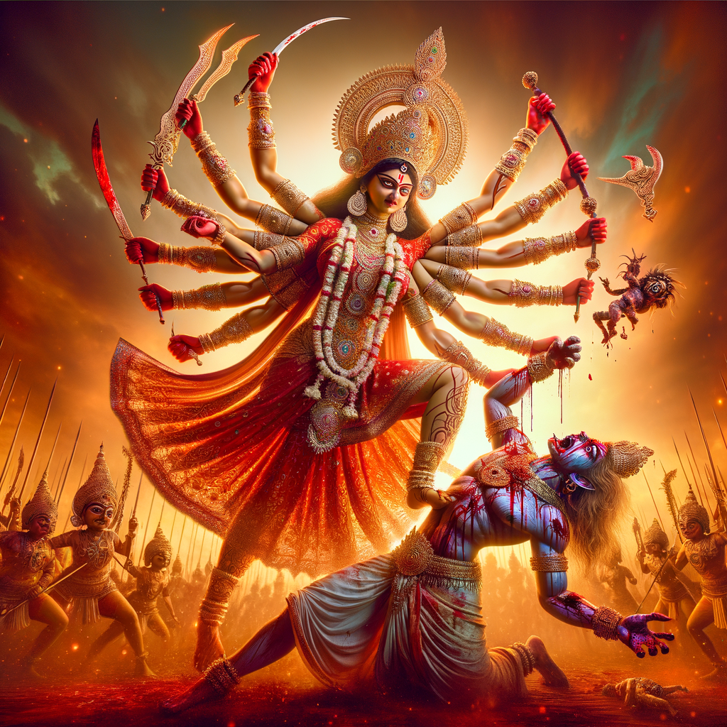 Portrait of angry and gorgeous goddess durga slaying mahishasur by carrying him like a baby and stabbing him with her red long nails.  Goddess Durga should have eight arms. she should wear Gold jewelry all over the body. Mahishasur should have wounds all over his body. mahishasur should be smaller in size compared to Goddess durga. Background is an intense battlefield. reddish hue everywhere and sunset in the background.  Epic scene. 4k, HDR. Photography