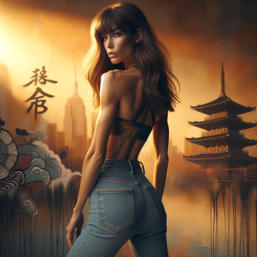 Athletic Thin skinny Attractive, Asian teenage girl, long brown hair and bangs, wearing tight skinny jeans and a halter top paint marks on her clothing, heroic pose Asian graffiti background, backside view