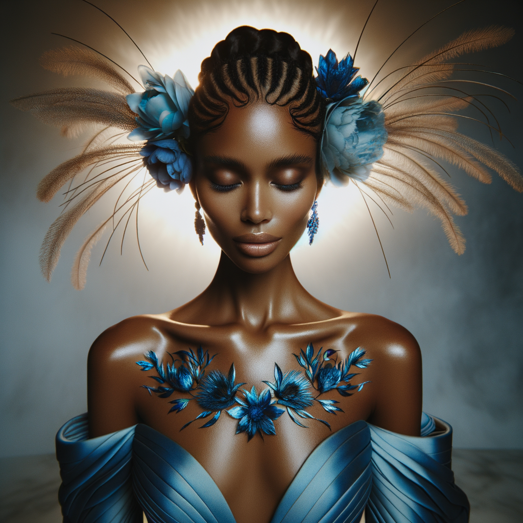 "Create an image of a majestic, elegant woman with Hawaiian brown skin and a serene expression, featuring her eyes gently closed. She has elaborate braids arranged like a crown around her head. Adorning her hair are vibrant blue flowers and feathers, matching her striking blue dress. The dress is sleek and off-shoulder, draping around her in a regal manner. Across her chest, in elegant, cursive lettering, the phrase 'God's Baby' is written. The background exudes a soft, divine glow that complements the peaceful ambiance of the subject."