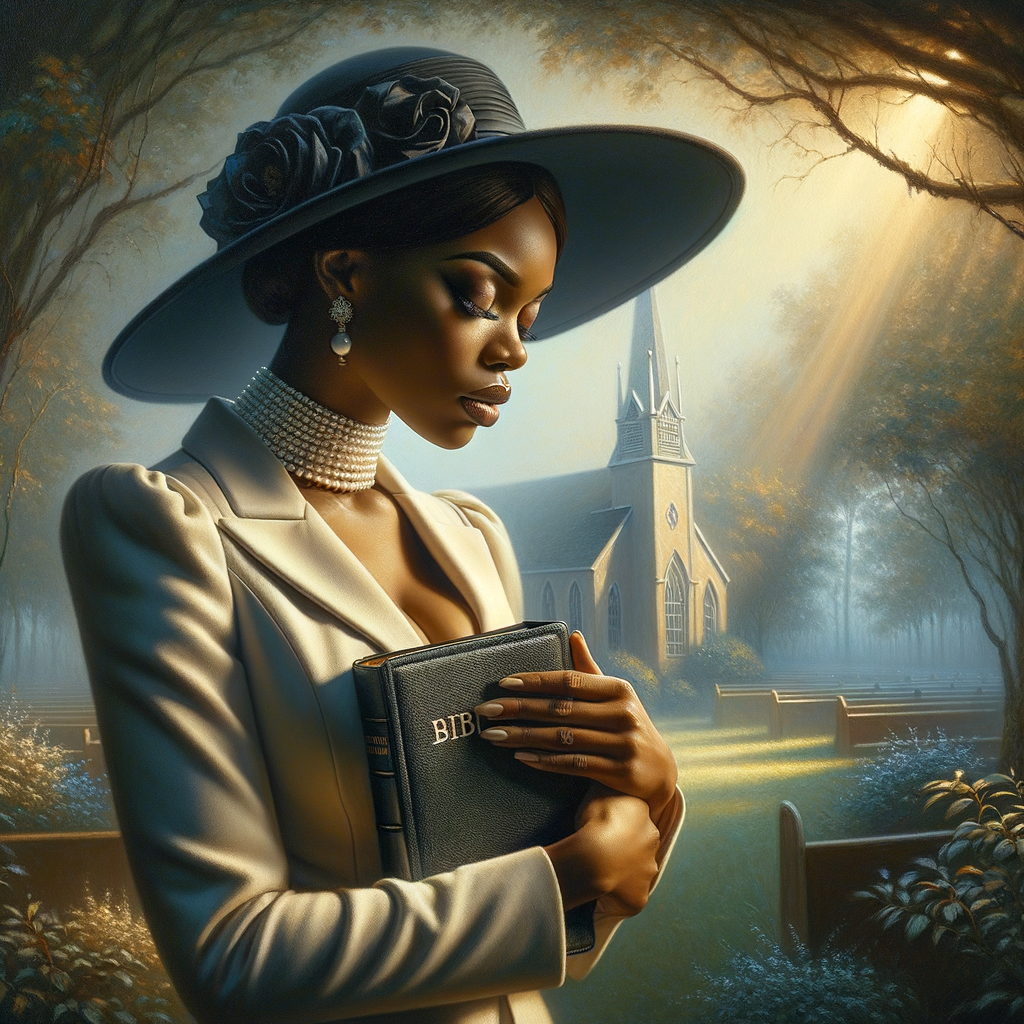 Render an airbrush oil painting of an African American woman with flawless makeup in a
contemplative pose, holding a Bible close to her heart, dressed in an elegant Sunday Best
outfit with a distinctive Church Hat. The background features a peaceful church garden,
with light filtering through the trees, highlighting her spiritual connection and the personal
moment of reflection. The artwork should capture the tranquility of the scene, the beauty
of her attire, and the depth of her contemplation, reflecting a serene and spiritually