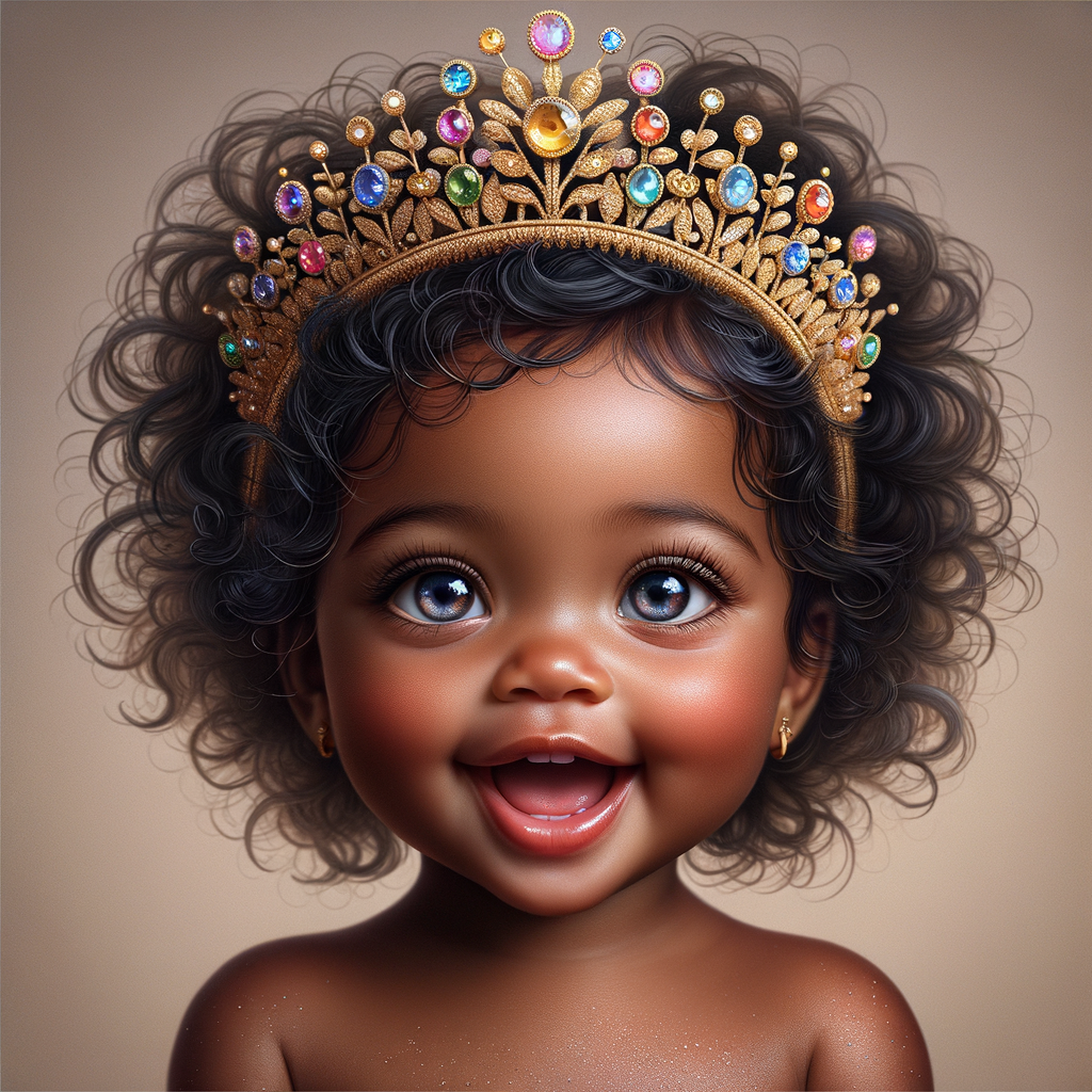 "Create a digital portrait of an adorable african-American baby girl with a joyful expression. She is wearing a gold crown with colorful jewels. Her big, bright blue eyes are wide with wonder, and her tiny mouth is shaped in a happy grin. Her skin has a warm, honey-brown tone, and she has an abundance of thick curly black hair, The background is soft and neutral to keep the focus on her delightful features. The portrait should be vibrant and heartwarming, celebrating the innocence and charm of childhood."