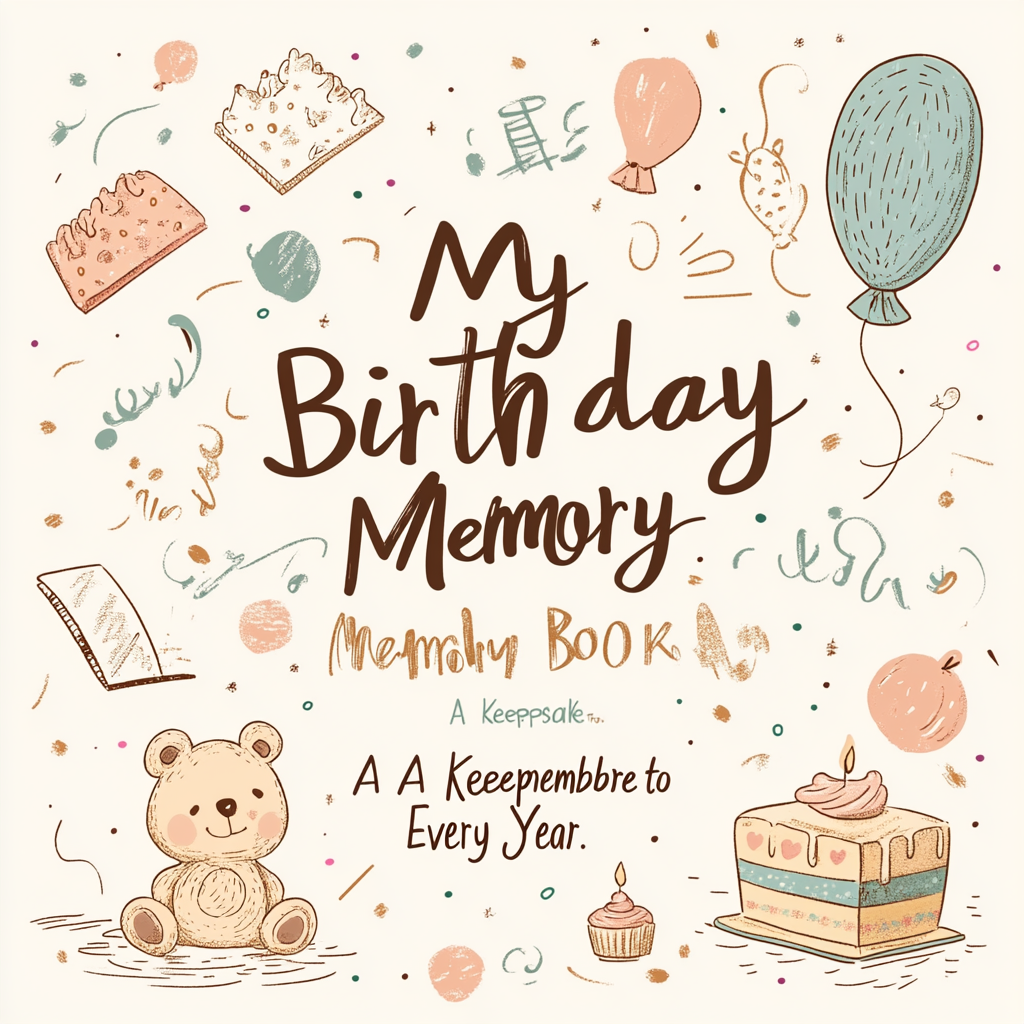 A soft, warm cream-colored background with a subtle paper-like texture. The main title, "My Birthday Memory Book," is centered in large, handwritten-style font in deep brown. Below it, in smaller serif font and in muted gold, is the subtitle: "A Keepsake to Remember Every Year." Surrounding the title are hand-drawn doodles in warm pastel tones (soft pink, muted blue, gentle yellow): a small baby rattle in the top left, a teddy bear sitting at the bottom left, a tiny birthday cake with a candle in the bottom right, and a floating balloon in the top right. Dotted lines in light brown gently connect these elements, creating a trail-like pattern. The cover is minimalist, with soft shadows to add depth but no harsh contrasts.