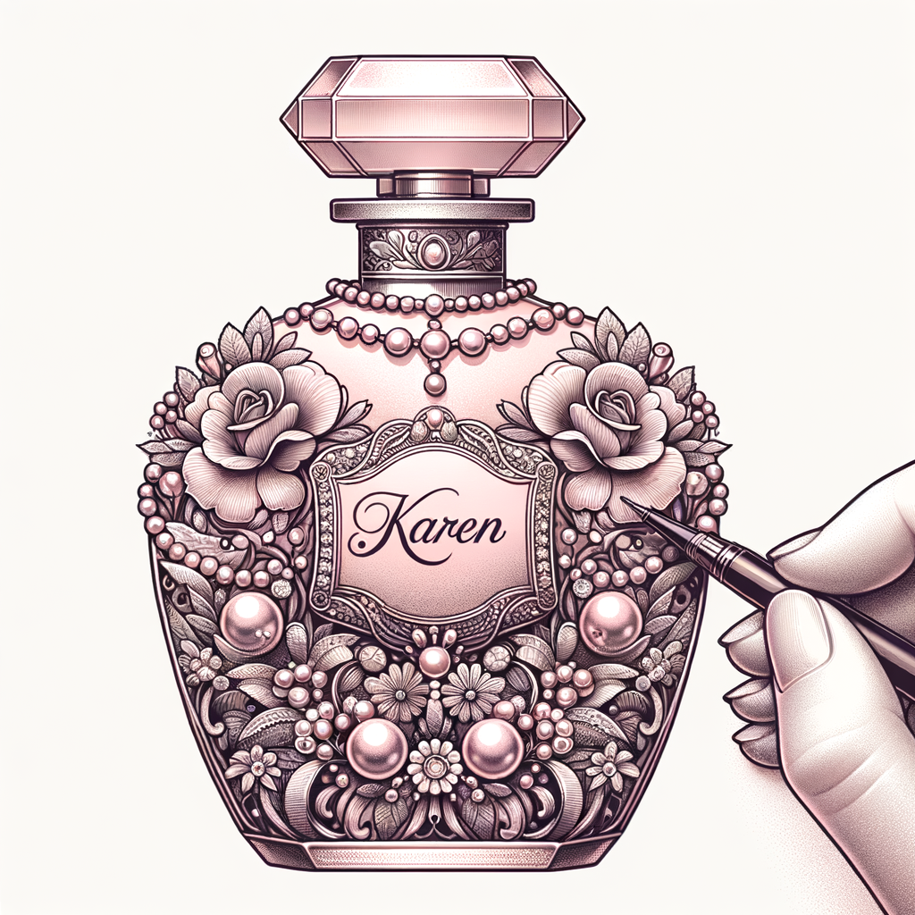 Design a fancy pink perfume bottle in the shape of a woman’s body with flowers, Pearls and diamonds and the name Karen