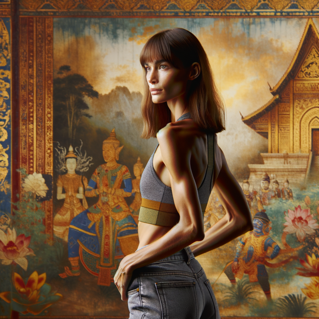 Athletic Thin skinny Attractive, Asian teenage girl, long brown hair and bangs, wearing tight skinny jeans and a halter top paint marks on her clothing, heroic pose Asian graffiti background, backside view