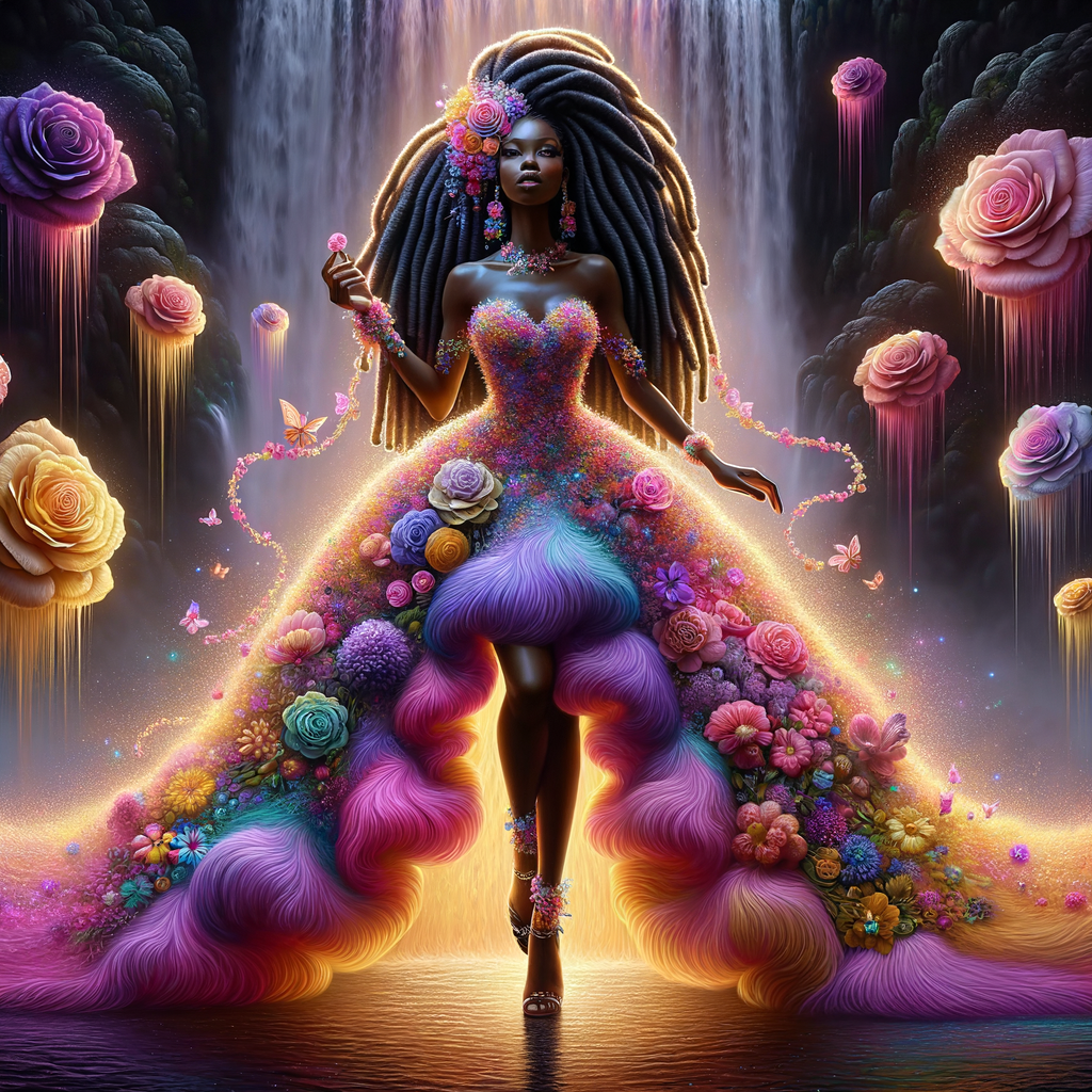 Remix Prompt
S/O Jackie Torres
S/O Panda Locke

create a animated style hyper realistic airbrush whimsical oil painting of a light African American woman wearing a flawless beautiful purple, pink, and gold blossom dress long flowing with colorful flowers and ruffles on the dress colorful jewelry made of flowers she has long black dreadlocks in a bun a colorful rose in her hair her peep toe shoes is matching her dress behind her is a beautiful waterfall liquid glowing lights beautiful colorful rainbow surrounded by beautiful roses.