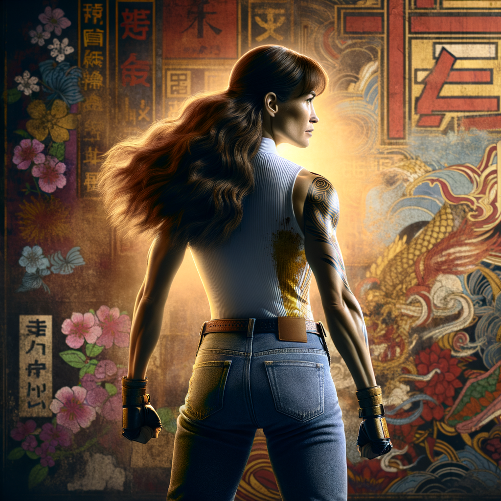 Athletic Thin skinny Attractive, Asian teenage girl, long brown hair and bangs, wearing tight skinny jeans and a halter top paint marks on her clothing, heroic pose Asian graffiti background, backside view