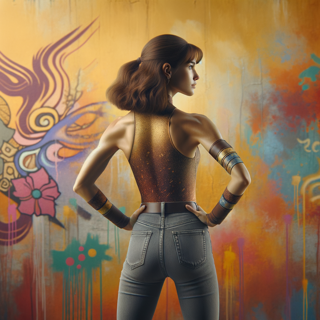 Athletic Thin skinny Attractive, Asian teenage girl, long brown hair and bangs, wearing tight skinny jeans and a halter top paint marks on her clothing, heroic pose Asian graffiti background, backside view