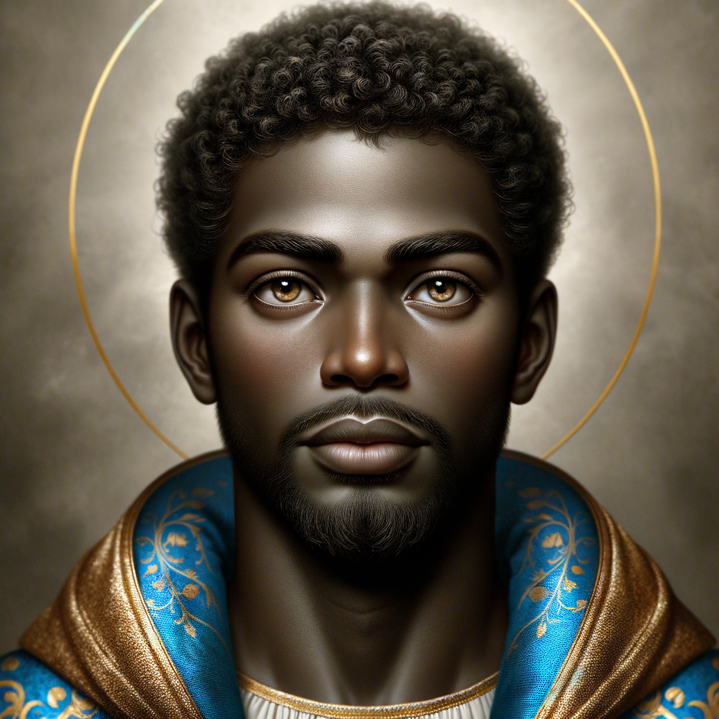 Create a beautiful African-American Jesus Christ with Hazel, brown eyes and blue and gold robe