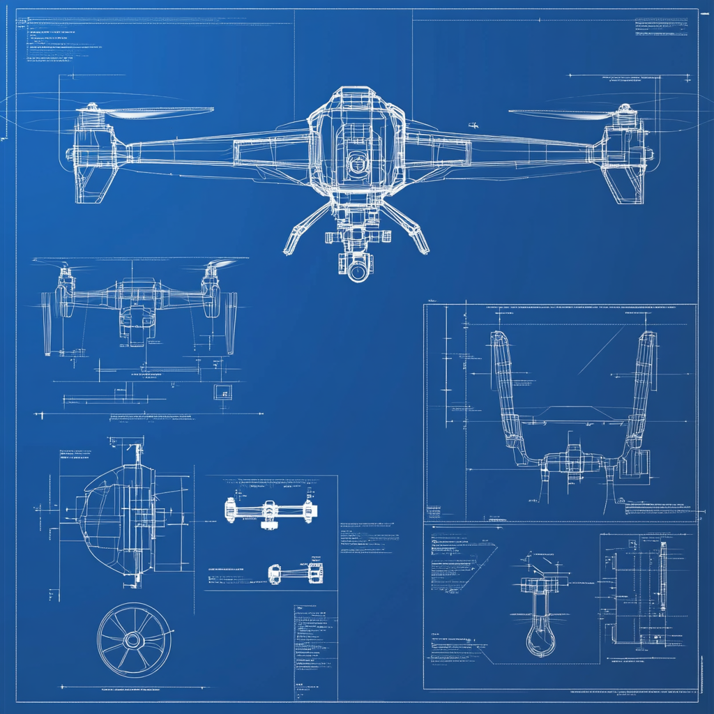 A detailed specification sheet on blueprint paper for drone with callouts and dimensions, highly technical