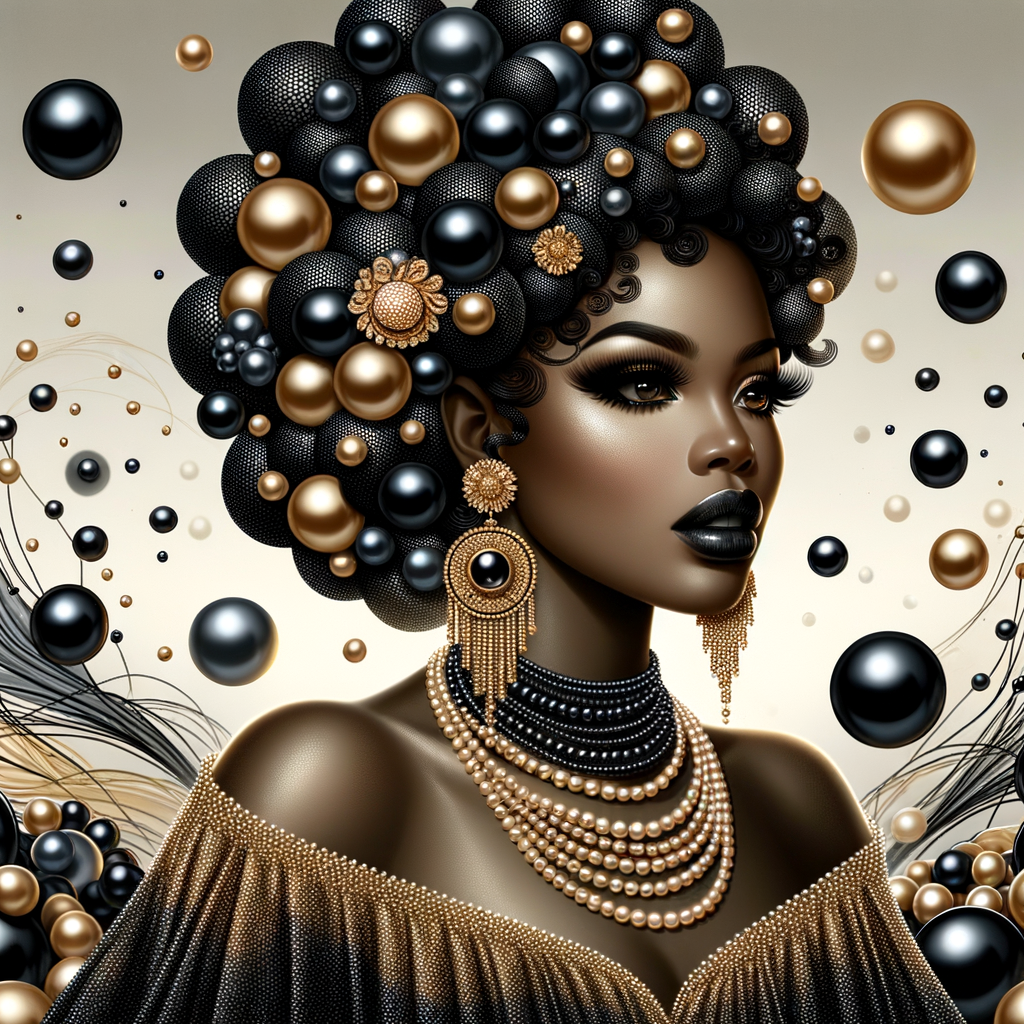 Imagine a digital portrait of a light skinned African-American Latino regal woman named KAREN Her attire and accessories are exclusively adorned with black and gold pearls. They grace her voluminous hair, styled in an elegant updo, where the black pearls form the roots and the gold pearls create the stunning curls. Her ears boast chandelier earrings, with black pearls clustered at the top, transitioning to gold pearls that dangle with delicate grace. Around her neck, a tiered necklace cascades with strands of alternating black and gold pearls, reflecting a sophisticated contrast.

Her shoulders are draped with a luxurious off-shoulder gown, the fabric's weave incorporating intricate patterns formed by black and gold pearls. The gown's texture has a subtle sheen, suggesting a high-quality material with a pearlescent finish. As a centerpiece, a grand brooch sits at her collar, with a large gold pearl surrounded by an elaborate design of smaller black pearls.

The background of the portrait features an abstract composition of floating pearls, swirling in a dance of shadows and light, emphasizing the color theme of black and gold. The name "KAREN" is discreetly integrated into the lower right corner of the artwork, blending seamlessly with the design, as if it were a signature part of the jewelry ensemble. The overall effect is one of timeless elegance, a blend of modern design and classic beauty, all tied together by the luxurious palette of black and gold.