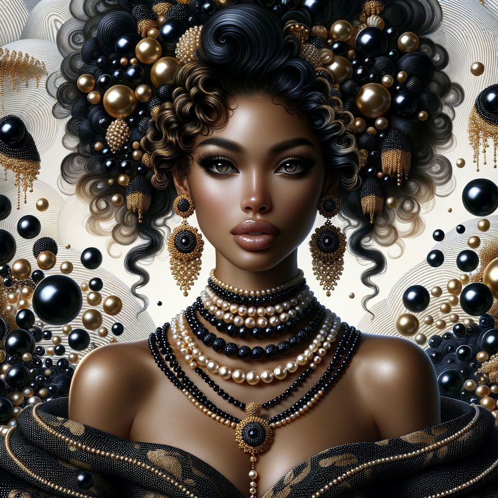 Imagine a digital portrait of a light skinned African-American Latino regal woman named KAREN Her attire and accessories are exclusively adorned with black and gold pearls. They grace her voluminous hair, styled in an elegant updo, where the black pearls form the roots and the gold pearls create the stunning curls. Her ears boast chandelier earrings, with black pearls clustered at the top, transitioning to gold pearls that dangle with delicate grace. Around her neck, a tiered necklace cascades with strands of alternating black and gold pearls, reflecting a sophisticated contrast.

Her shoulders are draped with a luxurious off-shoulder gown, the fabric's weave incorporating intricate patterns formed by black and gold pearls. The gown's texture has a subtle sheen, suggesting a high-quality material with a pearlescent finish. As a centerpiece, a grand brooch sits at her collar, with a large gold pearl surrounded by an elaborate design of smaller black pearls.

The background of the portrait features an abstract composition of floating pearls, swirling in a dance of shadows and light, emphasizing the color theme of black and gold. The name "KAREN" is discreetly integrated into the lower right corner of the artwork, blending seamlessly with the design, as if it were a signature part of the jewelry ensemble. The overall effect is one of timeless elegance, a blend of modern design and classic beauty, all tied together by the luxurious palette of black and gold.