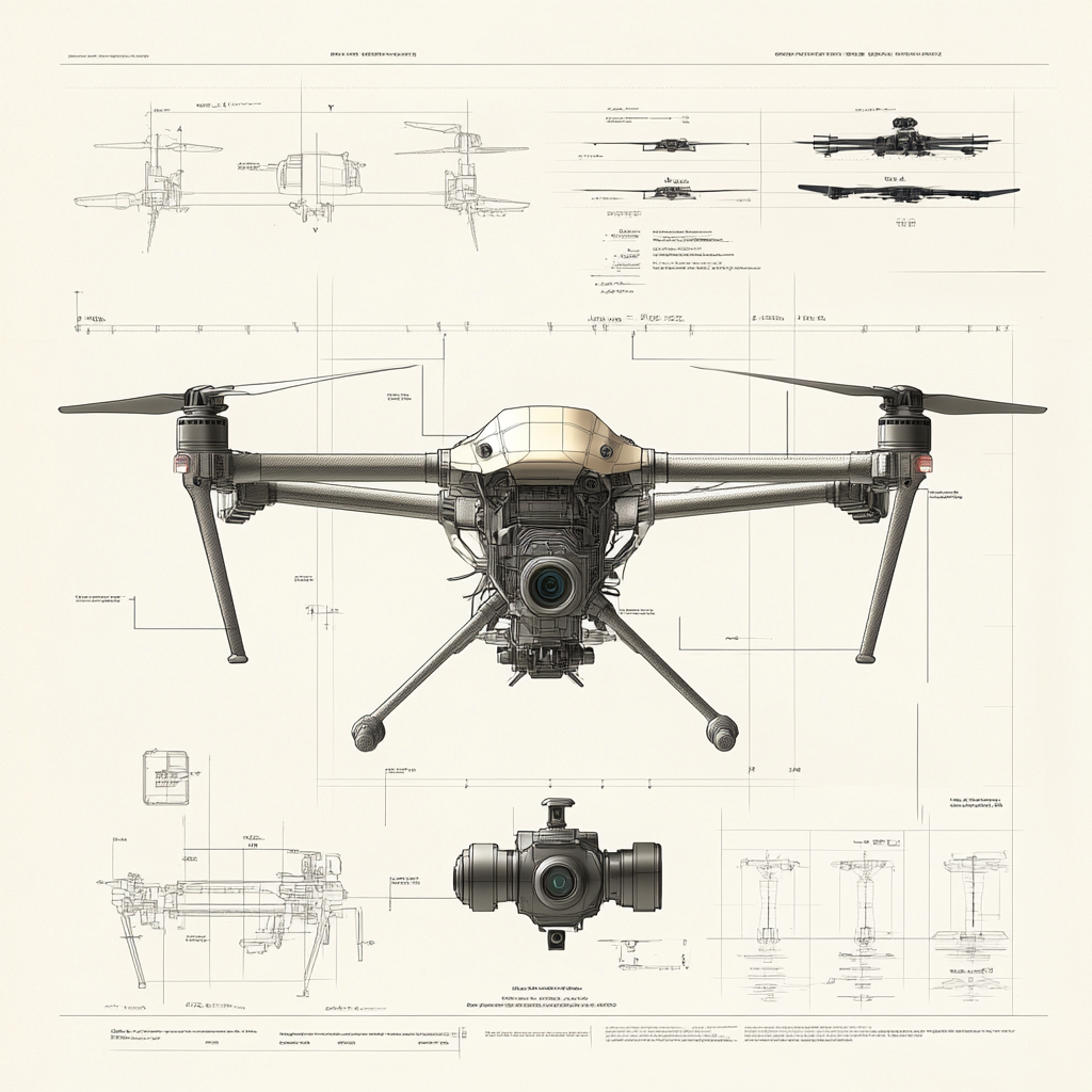 A detailed specification sheet for drone with callouts and dimensions, highly technical