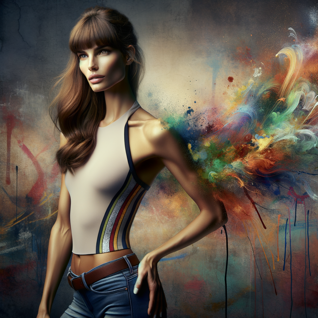 Athletic Thin skinny Attractive, Asian teenage girl, long brown hair and bangs, wearing tight skinny jeans and a halter top paint marks on her clothing, heroic pose Asian graffiti background, side view