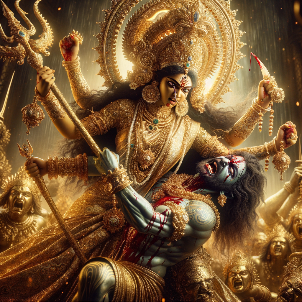 portrait of angry looking goddess durga slaying a weak mahishasur by carrying him in her two arms and stabbing him with her amazingly designed trident. She is wearing gold armor, a huge gold crown, gold saree, abundant  gold jewelry, covered in blood. The scene is set in ancient India. The image is 8K resolution, cinematic, ultra detailed face and epic.