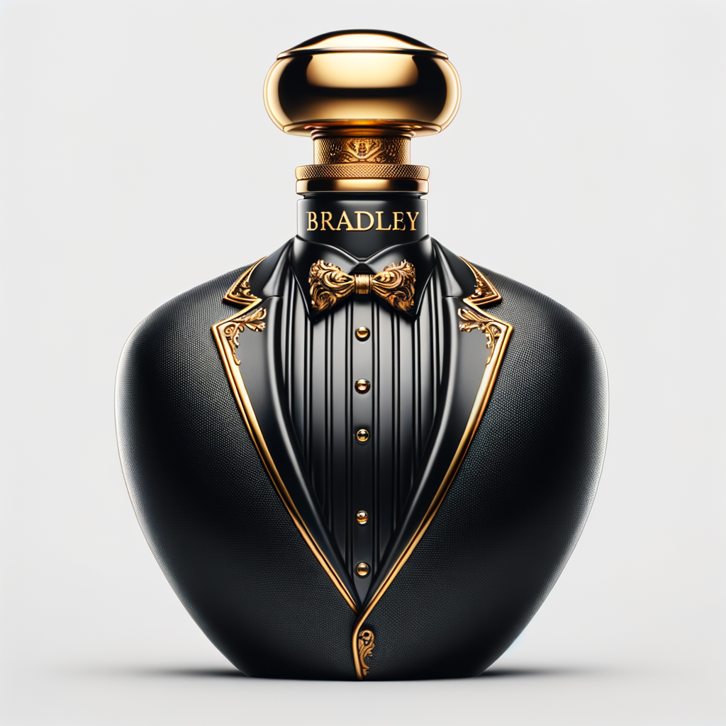 Create a realistic, 3-D cologne bottle That looks like a black Gucci tuxedo with a gold top and the name Bradley written in gold letters