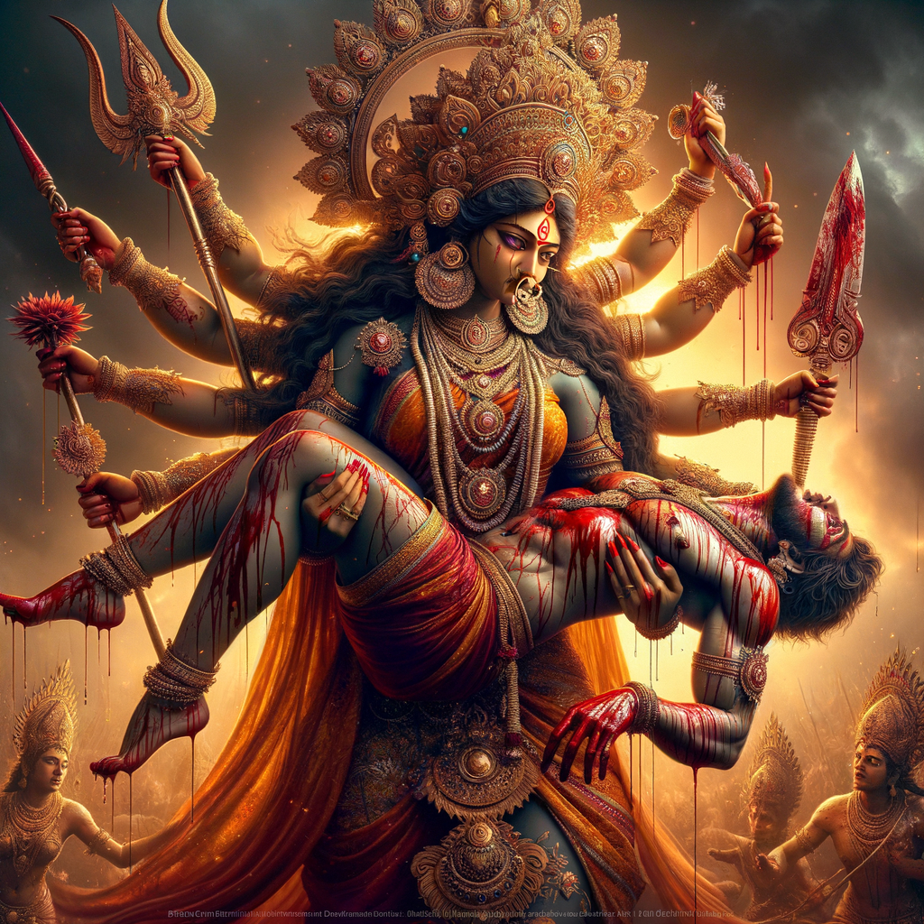 Portrait of angry and gorgeous goddess durga slaying mahishasur by carrying him like a baby and stabbing him with her red long nails.  Goddess Durga should have eight arms. she should wear Gold jewelry all over the body. Mahishasur should have wounds all over his body. mahishasur should be smaller in size compared to Goddess durga. Background is an intense battlefield. reddish hue everywhere and sunset in the background.  Epic scene. 4k, HDR. Photography