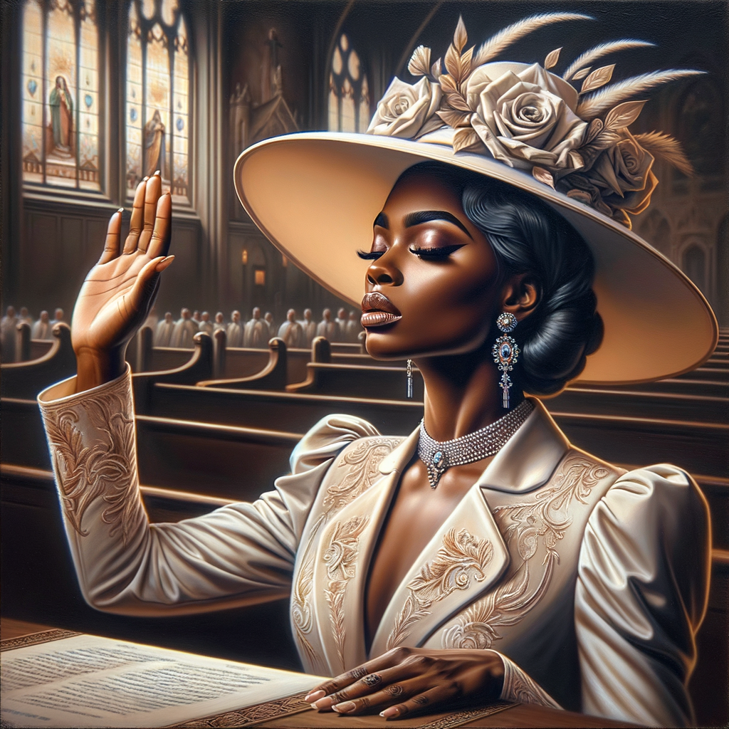 Render an airbrush oil painting of an African American woman with flawless makeup
kneeling at a church altar, her hands raised in a gesture of surrender to God. She's
dressed in stylish Sunday Best attire, with a particular focus on the delicate details of
her Church Hat. The background features a beautifully painted church interior, with the
oil paint texture enhancing the sacred atmosphere. The artwork should capture the
woman's devout expression, the elegance of her attire, and the spiritual ambiance of
the church setting, reflecting a moment of deep faith and devotion.