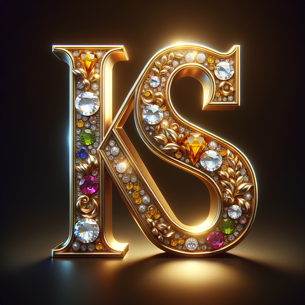 Create a 3-D realistic image with the letters  K.S. in gold raised letters , Add diamonds and colorful jewels