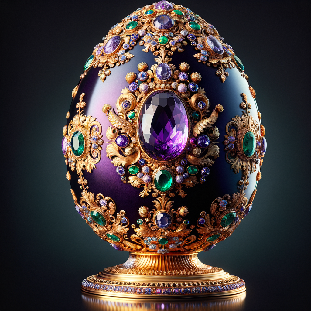 Create an image of an exquisite egg-shaped object, oriented to face the viewer head-on. The design should feature a deep purple base adorned with opulent gold filigree, floral patterns, and encrusted with various jewels such as emeralds, sapphires, and a prominent amethyst. The egg stands regally on a gold pedestal, gleaming with reflective elegance. Its intricate details and rich colors should convey a sense of luxury and royal splendor.