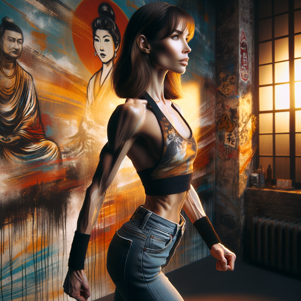 Athletic Thin skinny Attractive, Asian teenage girl, long brown hair and bangs, wearing tight skinny jeans and a halter top paint marks on her clothing, heroic pose Asian graffiti background, side view