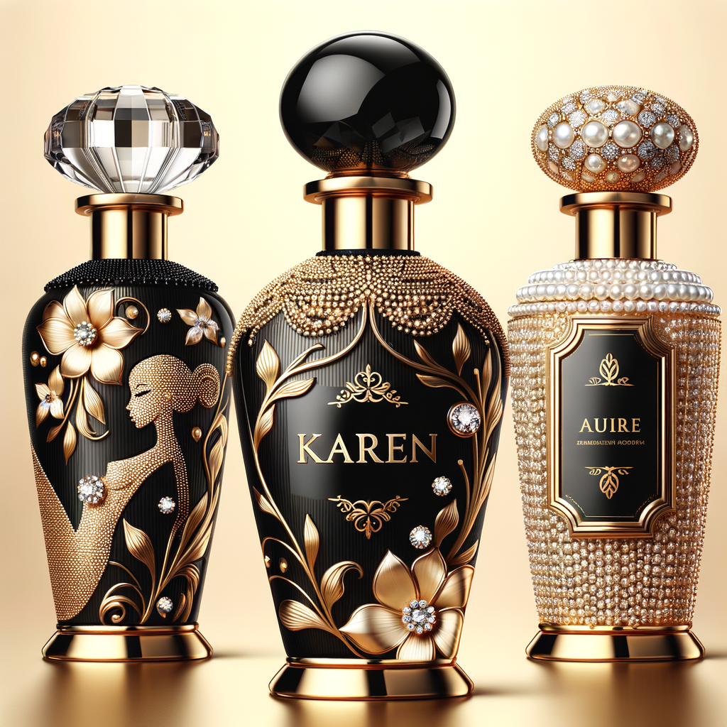 Design a fancy, black and gold bottle of perfume in the shape of a woman’s body. With a golden diamond top, flowers pearls and Diamonds in the name, Karen