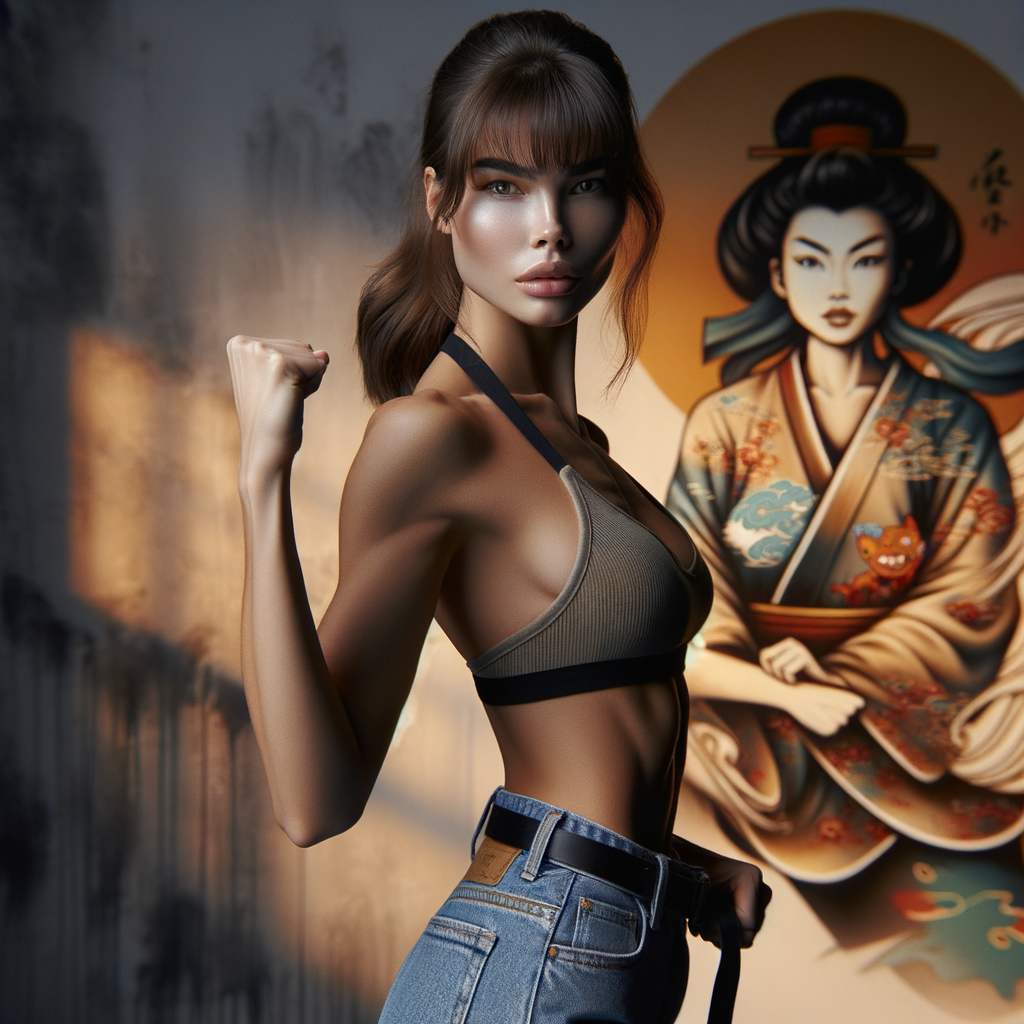 Athletic Thin skinny Attractive, Asian teenage girl, long brown hair and bangs, wearing tight skinny jeans and a halter top paint marks on her clothing, heroic pose Asian graffiti background, side view