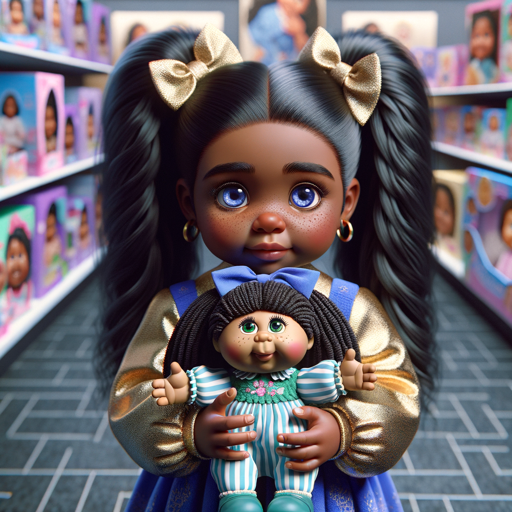 Create a 3-D image of an african-American little girl inside of a medium size, toy store. The little girl has thick long, ponytails and huge blue eyes. She has on a gold and blue jumpsuit with matching bows, She is playing with her favorite african-American cabbage patch doll, the doll has deep, dimples, and freckles and looks just like her