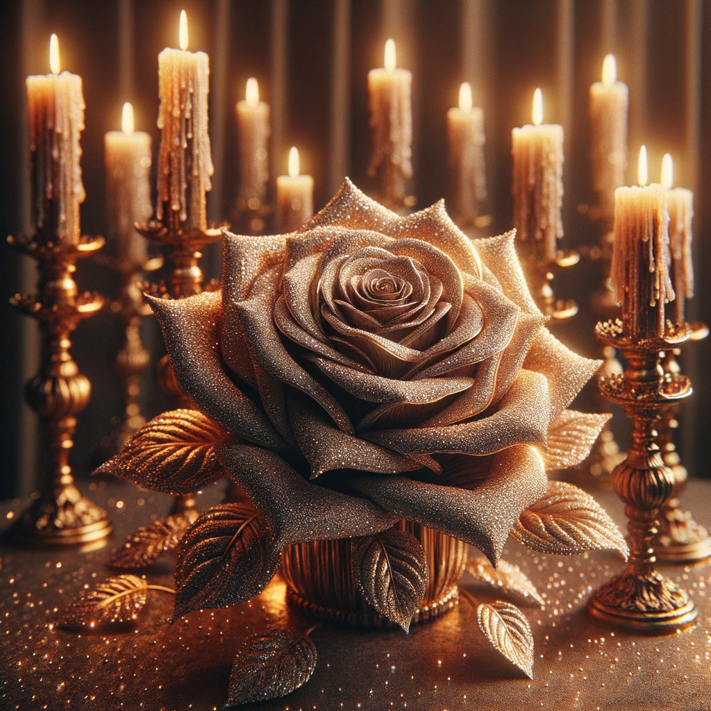 "Envision the scene before you: a majestic rose bathed in the warm glow of candlelight, its petals unfolding like a treasury of pearls and diamonds sparkling in soft illumination. Golden candles stand tall, their flames casting a lustrous sheen that brings out the gold's rich patina.