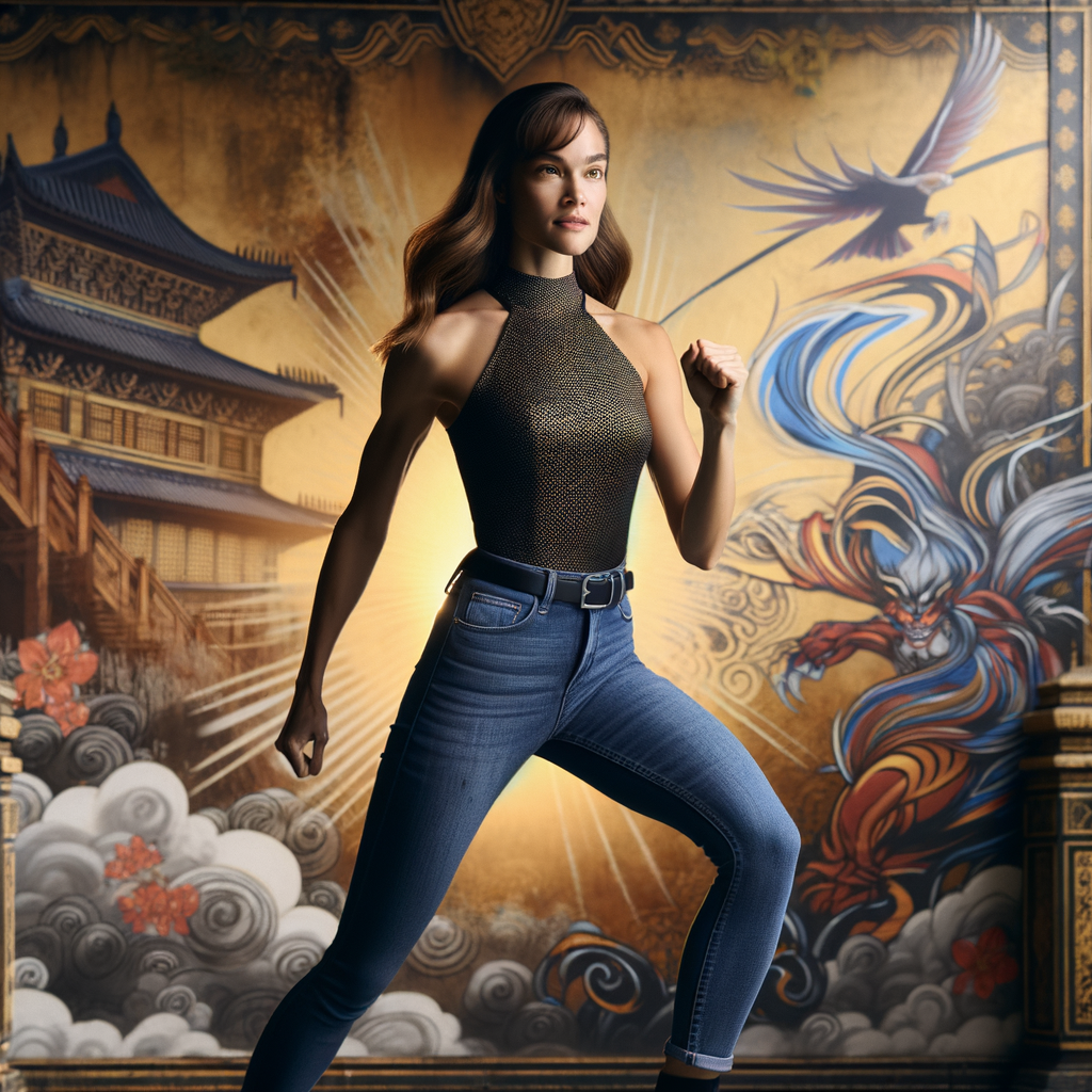 Athletic Thin skinny Attractive, Asian teenage girl, long brown hair and bangs, wearing tight skinny jeans and a halter top paint marks on her clothing, heroic pose Asian graffiti background, backside view