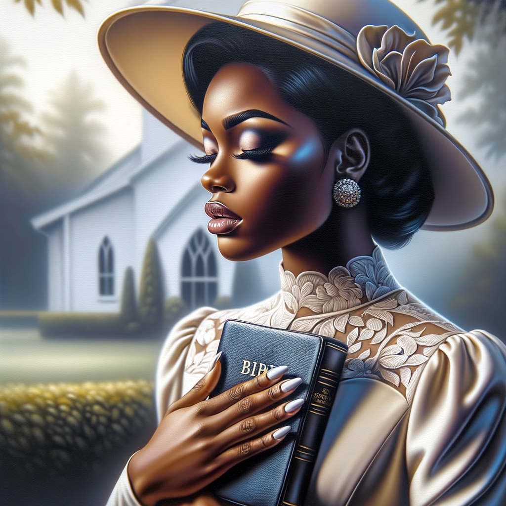 Render an airbrush oil painting of an African American woman with flawless makeup in a
contemplative pose, holding a Bible close to her heart, dressed in an elegant Sunday Best
outfit with a distinctive Church Hat. The background features a peaceful church garden,
with light filtering through the trees, highlighting her spiritual connection and the personal
moment of reflection. The artwork should capture the tranquility of the scene, the beauty
of her attire, and the depth of her contemplation, reflecting a serene and spiritually