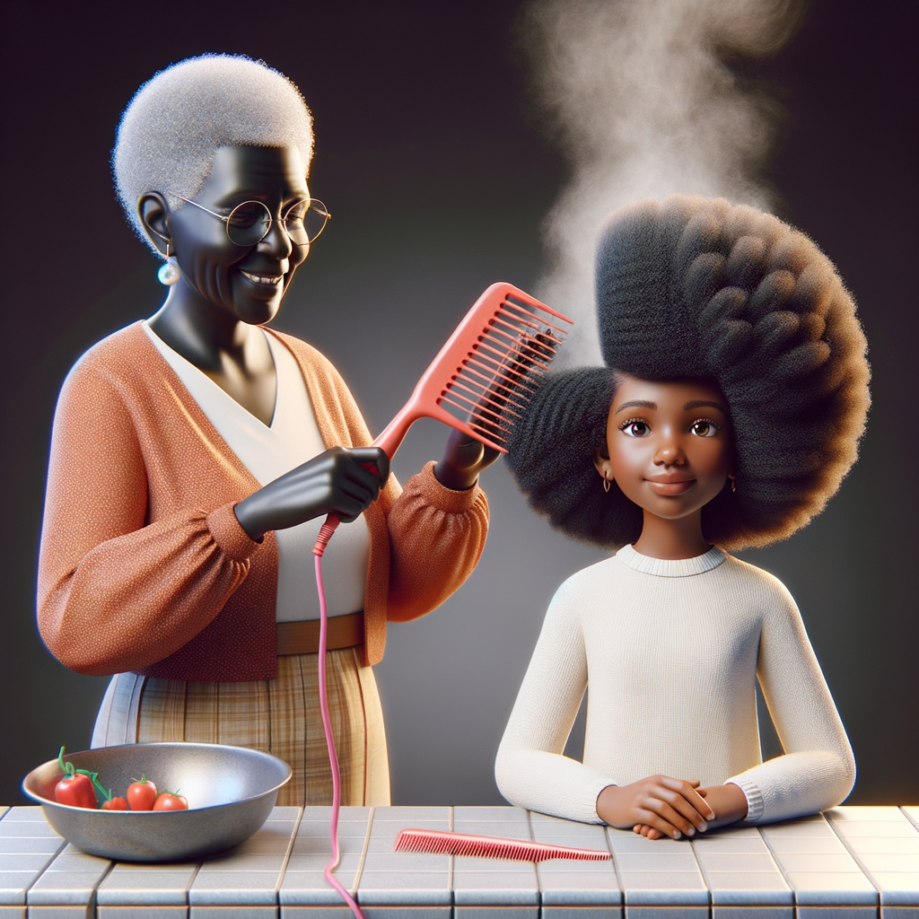 Create a realistic 3-D image of an african-American grandmother in the kitchen with her african-American granddaughter. The grandmother has a hot comb in her hair and she is straightening her granddaughters hair. One side of her granddaughters hair is in  a Afro the other is bone straight 
There is smoke coming from the hot comb