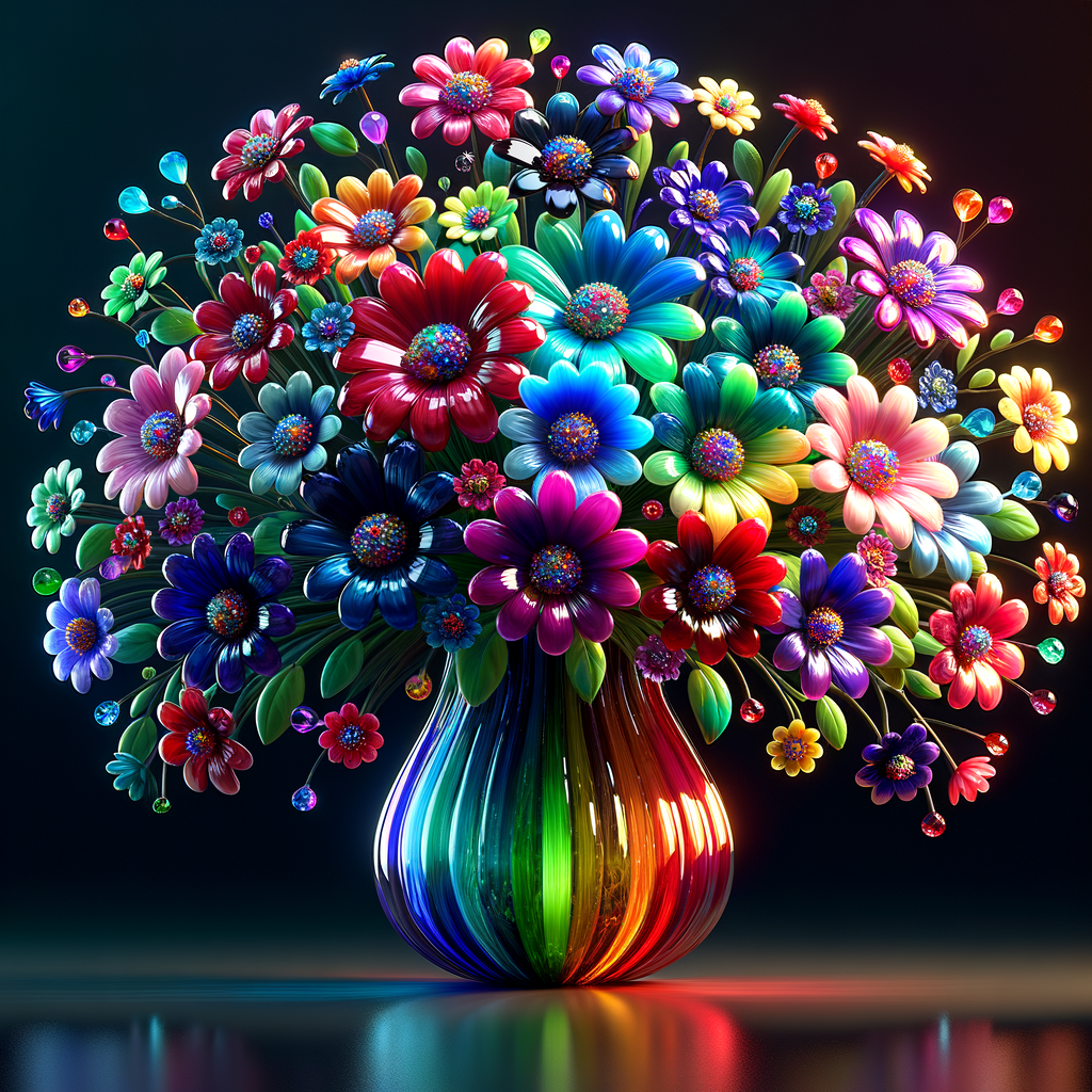 A vibrant and whimsical bouquet of glossy, multicolored flowers, each petal radiating joy in a spectrum of red, pink, blue, purple, orange, and yellow hues, assembled in a reflective, curved glass vase. The stems and leaves are rendered in rich, lifelike greens, contrasting beautifully with the brightly hued petals. The vase, positioned on a dark surface, holds a magical arrangement where the lower half is filled with layers of sparkling, jewel-toned crystals, creating a rainbow gradient from green to blue to fiery orange. Each flower seems to have a character of its own, contributing to a cheerful and enchanting composition that exudes the essence of a dreamy, enchanted garden.