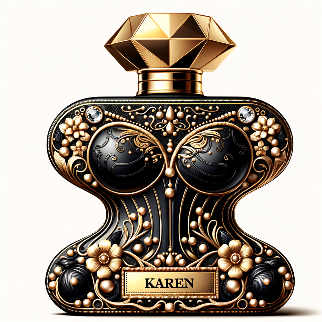 Design a fancy, black and gold bottle of perfume in the shape of a woman’s body. With a golden diamond top, flowers pearls and Diamonds in the name, Karen