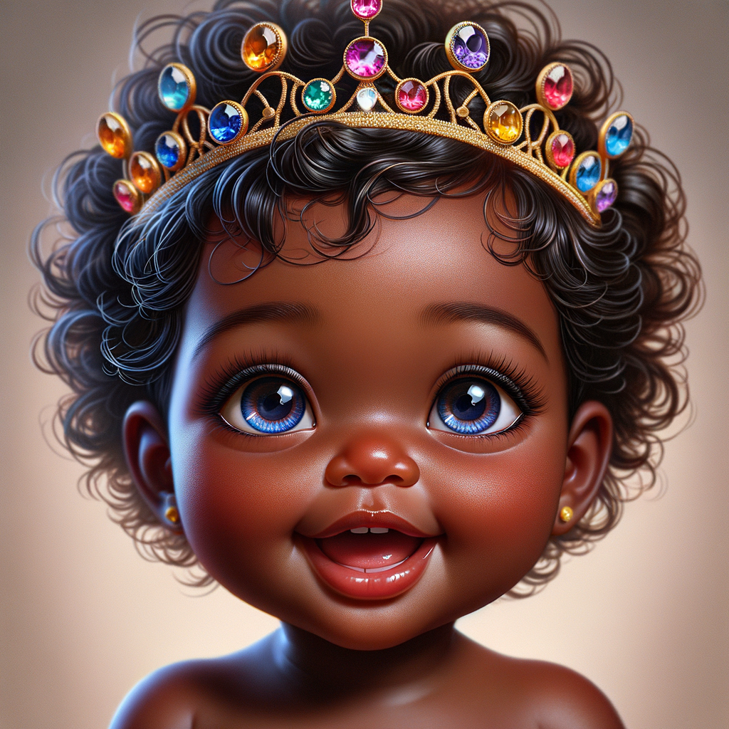 "Create a digital portrait of an adorable african-American baby girl with a joyful expression. She is wearing a gold crown with colorful jewels. Her big, bright blue eyes are wide with wonder, and her tiny mouth is shaped in a happy grin. Her skin has a warm, honey-brown tone, and she has an abundance of thick curly black hair, The background is soft and neutral to keep the focus on her delightful features. The portrait should be vibrant and heartwarming, celebrating the innocence and charm of childhood."