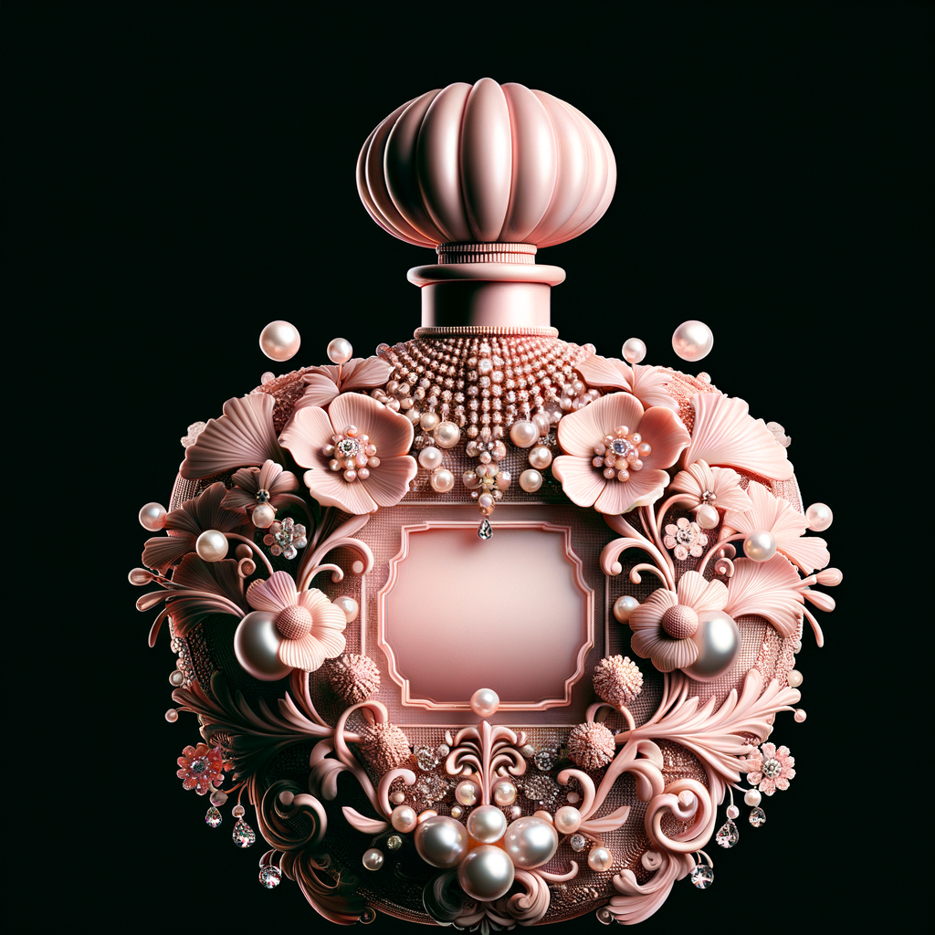 Design a fancy pink perfume bottle in the shape of a woman’s body with flowers, Pearls and diamonds and the name Karen