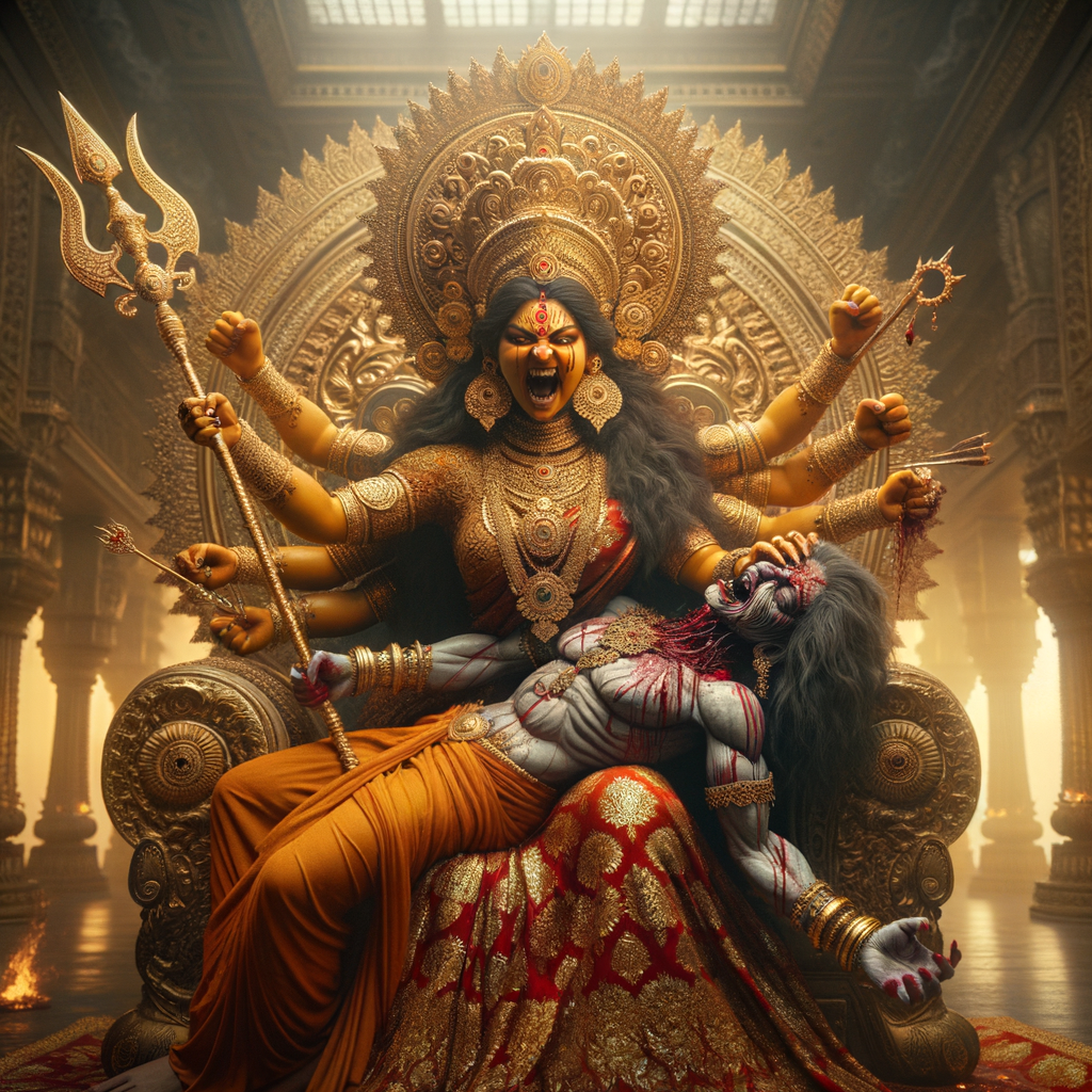 portrait of angry looking goddess durga, sitting on a gold crown and carrying a weak mahishasur on her lap and stabbing him with her amazingly designed trident. She is wearing gold armor, a huge gold crown, red saree, abundant gold jewelry, covered in blood. The scene is set in ancient India. The image is 8K resolution, cinematic, ultra detailed face and epic.