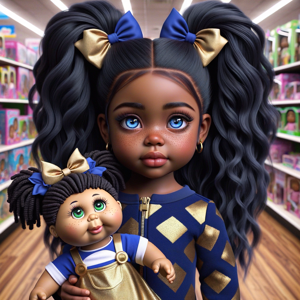 Create a 3-D image of an african-American little girl inside of a medium size, toy store. The little girl has thick long, ponytails and huge blue eyes. She has on a gold and blue jumpsuit with matching bows, She is playing with her favorite african-American cabbage patch doll, the doll has deep, dimples, and freckles and looks just like her